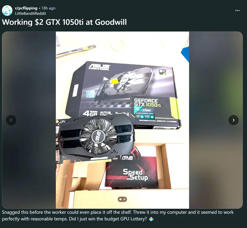 GPU дешевле чашки кофе: пользователь урвал GeForce GTX 1050 Ti всего за $2 в Goodwill