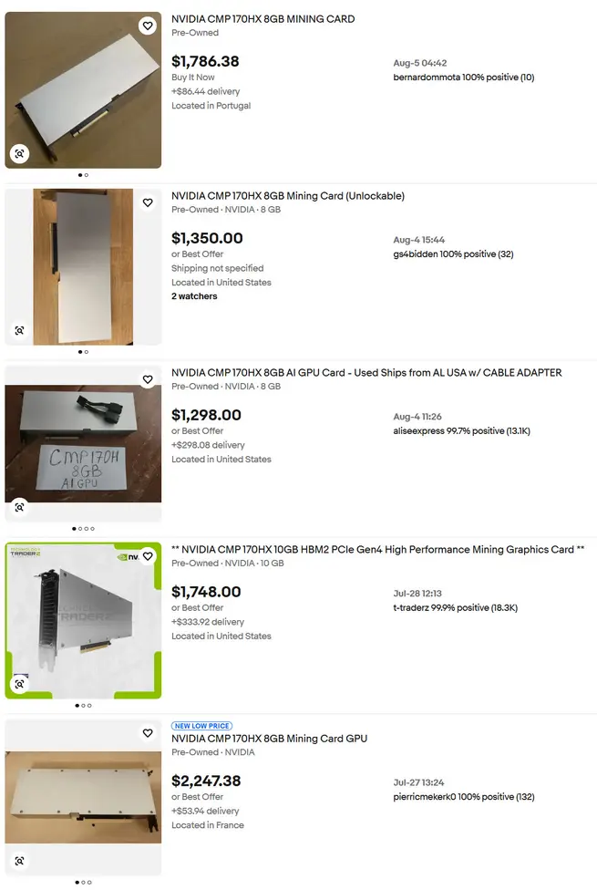 Цены на NVIDIA CMP 170HX 8/10 ГБ взлетели с $100 до более $1000 за ночь после того, как утилита разблокировала скрытые 64/80 ГБ VRAM