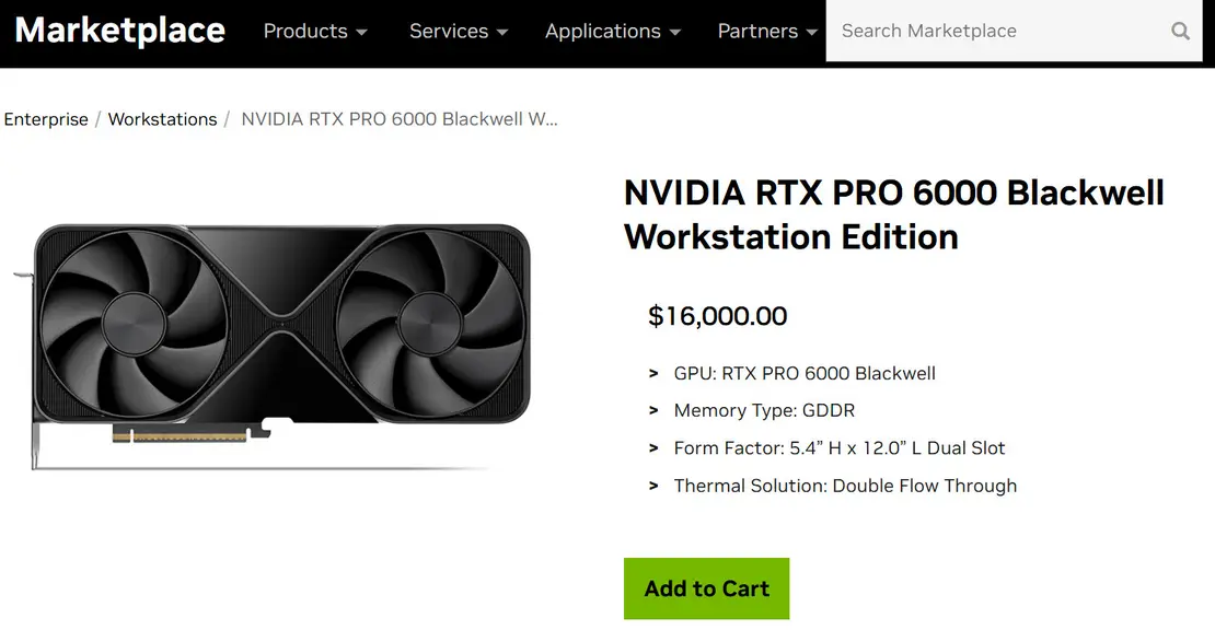 Самый быстрый &laquo;GPU&raquo; Blackwell от NVIDIA, 96 ГБ RTX PRO 6000, теперь стоит $16 000 &mdash; почти вдвое дороже первоначальной цены.