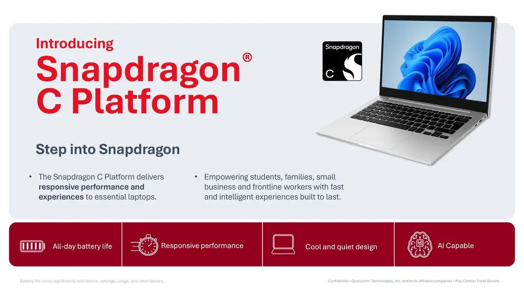 Qualcomm нацеливает Snapdragon C на ноутбуки за $300 с памятью до 16 ГБ, заявляя о 67% более высокой скорости и вдвое большей эффективности по сравнению с Intel Twin Lake