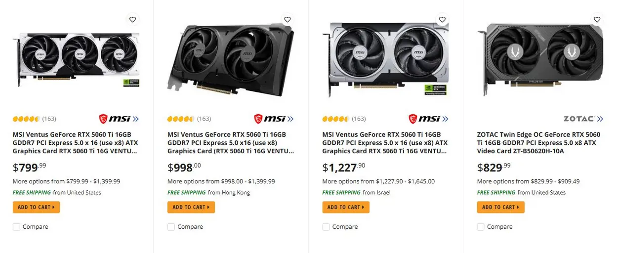 GeForce RTX 5060 Ti 16 GB добралась до отметки $800+ на Newegg — видеокарта, которая в прошлом году вышла по цене $429