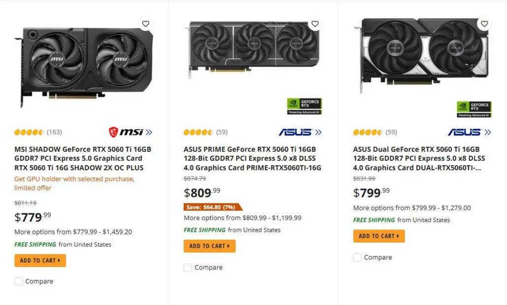 GeForce RTX 5060 Ti 16 GB добралась до отметки $800+ на Newegg — видеокарта, которая в прошлом году вышла по цене $429