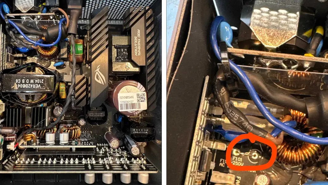Блок питания ASUS ROG Strix после RMA: обнаружено, что предохранитель был обойден, а неисправные компоненты не заменили &mdash; угроза пожара