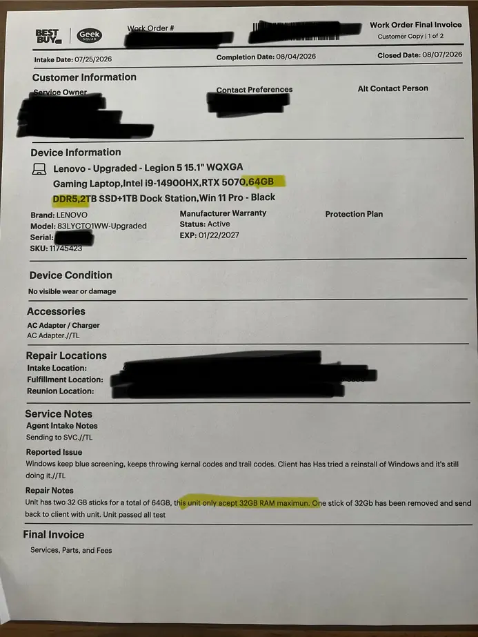 Служба поддержки Best Buy удалила планку DDR5 32 ГБ из игрового ноутбука, списав полную стоимость за 64 ГБ; говорит, что обновленная оперативная память несовместима