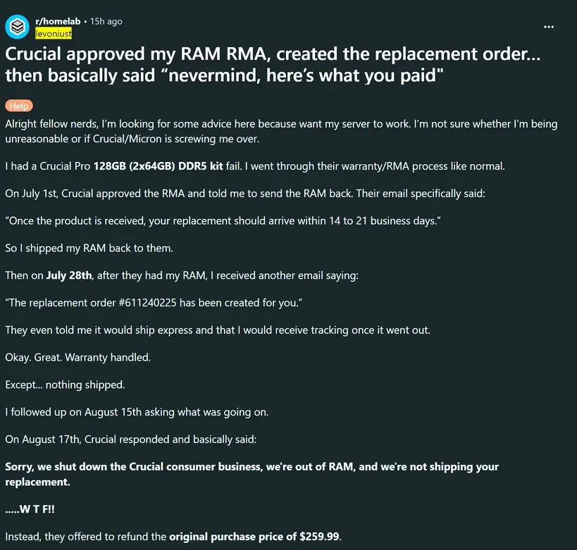 Crucial предлагает пользователю возврат $259 за &laquo;RAM kit&raquo;, который сейчас стоит $1,800, при этом один &laquo;64 GB module&raquo; всё ещё работал исправно
