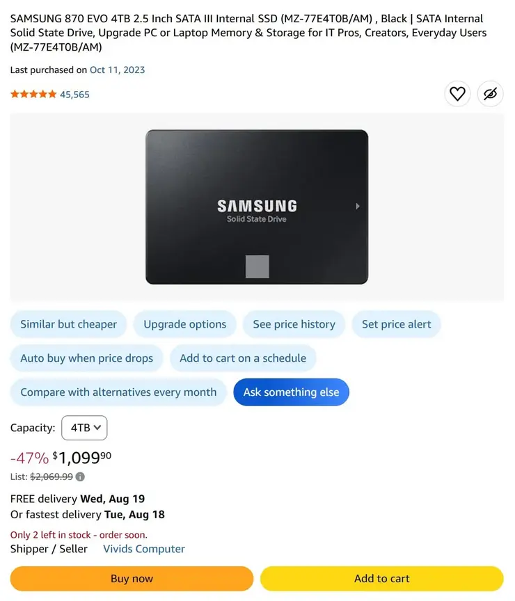 Владелец SSD Samsung 870 EVO SATA III на 4 ТБ показал, как хорошо нам жилось: меньше чем за три года цена на точно такой же накопитель взлетела в 6 раз.