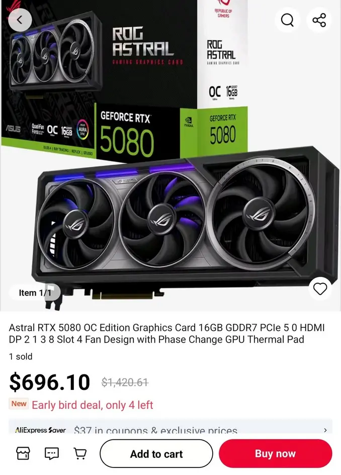 Покупатель урвал ASUS Astral RTX 5080 на AliExpress менее чем за $700, но, как вы уже догадались, покупка под завязку набита красными флагами.