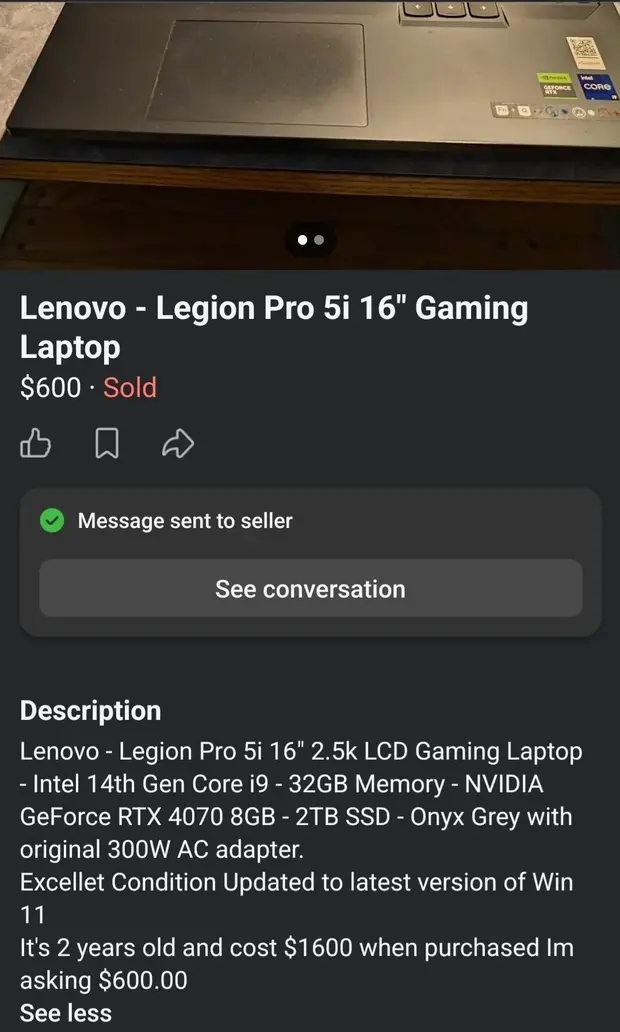 К объявлениям на *Facebook Marketplace стоит относиться с осторожностью, но одному счастливчику достался игровой ноутбук с RTX 4070 всего за $600: с 32 ГБ ОЗУ и SSD на 2 ТБ