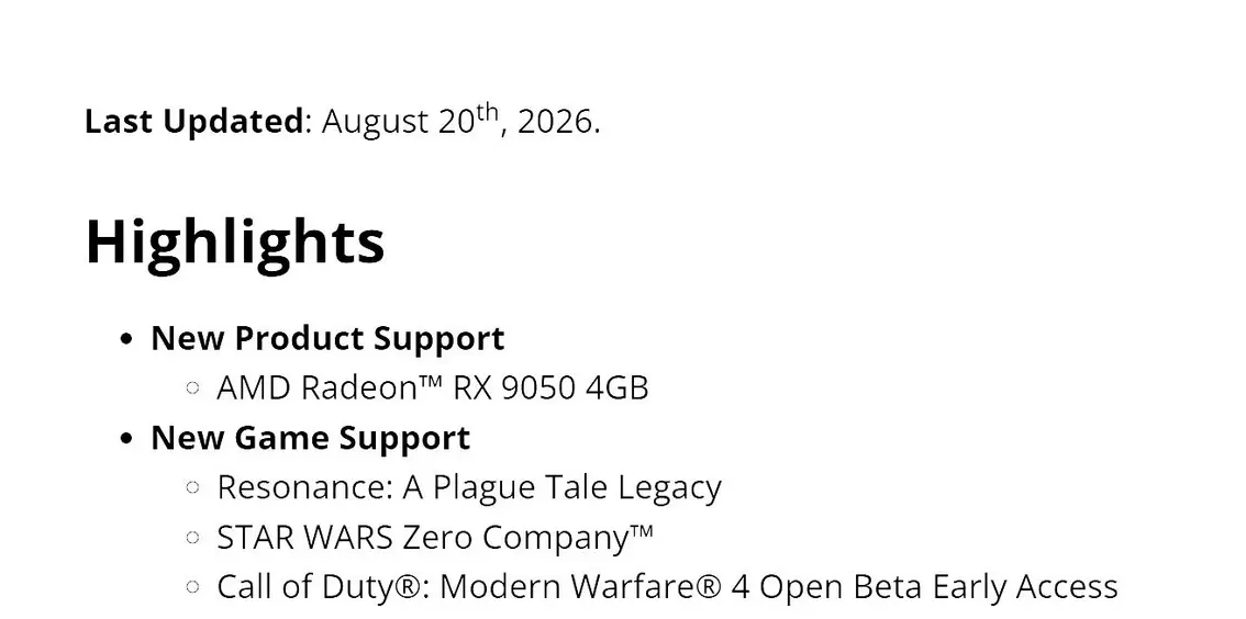 AMD выпускает Adrenalin Edition 26.8.1 с поддержкой Radeon RX 9050 4 ГБ; также добавляет поддержку Resonance: A Plague Tale Legacy