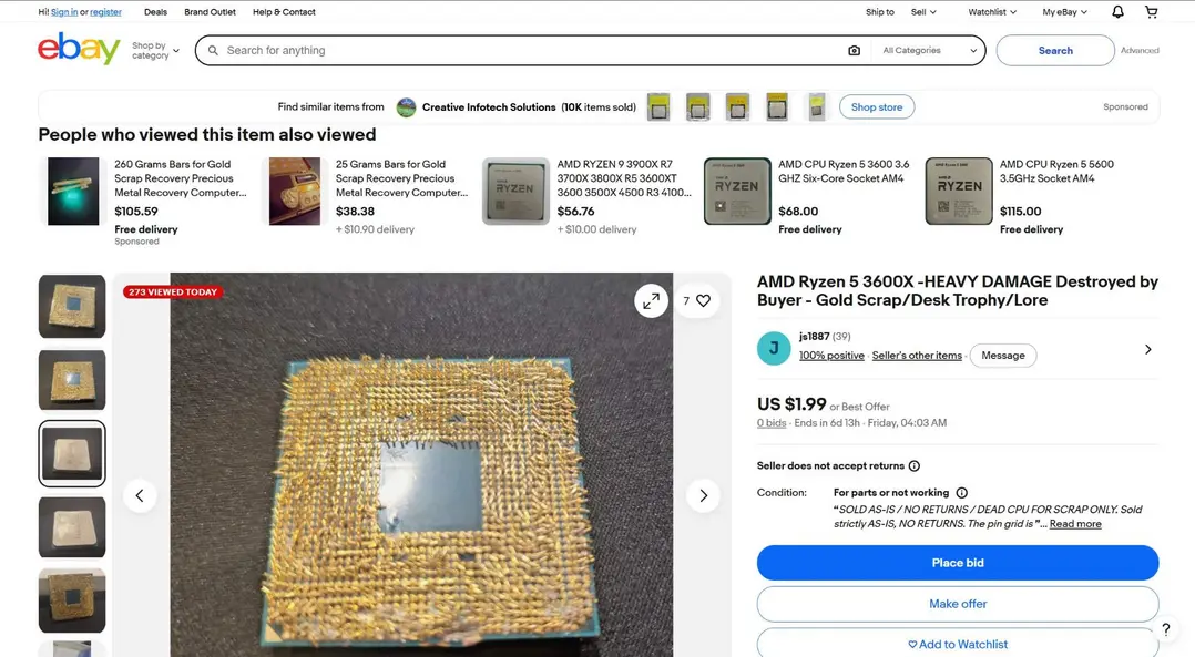 Продавец на eBay отправил безупречный Ryzen 5 3600X, покупатель попытался заявить о ложной недоставке; возвращённый процессор выглядит так, будто побывал в торнадо &mdash; с погнутыми ножками и деформированной крышкой IHS.