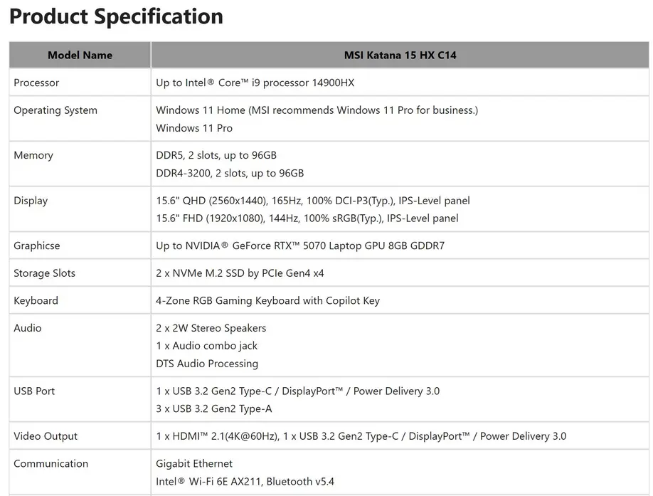MSI возвращается к более дешёвой DDR4 для ноутбука RTX 5070 Katana 15 на фоне взлёта цен на DDR5