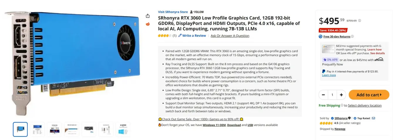 Безразъемная однослотовая RTX 3060 12 GB с TDP 70 Вт появилась на Newegg за 495 долларов