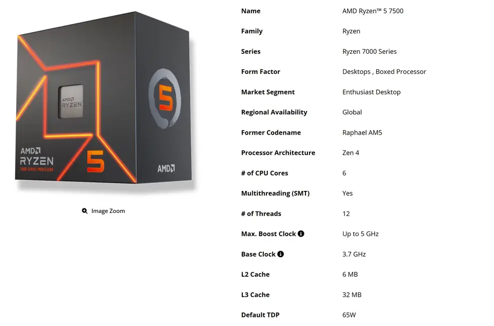 AMD пополнила линейку Zen 4 процессором Ryzen 5 7500 с частотой 5 ГГц и графикой RDNA 2, а также возродила Zen 3 моделью Ryzen 5 5500F