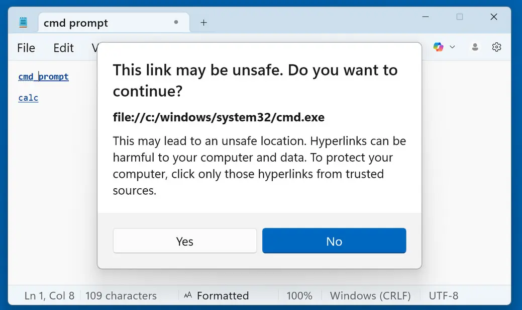 Уязвимость в Блокноте Windows 11 позволяла скрытно запускать файлы через ссылки Markdown