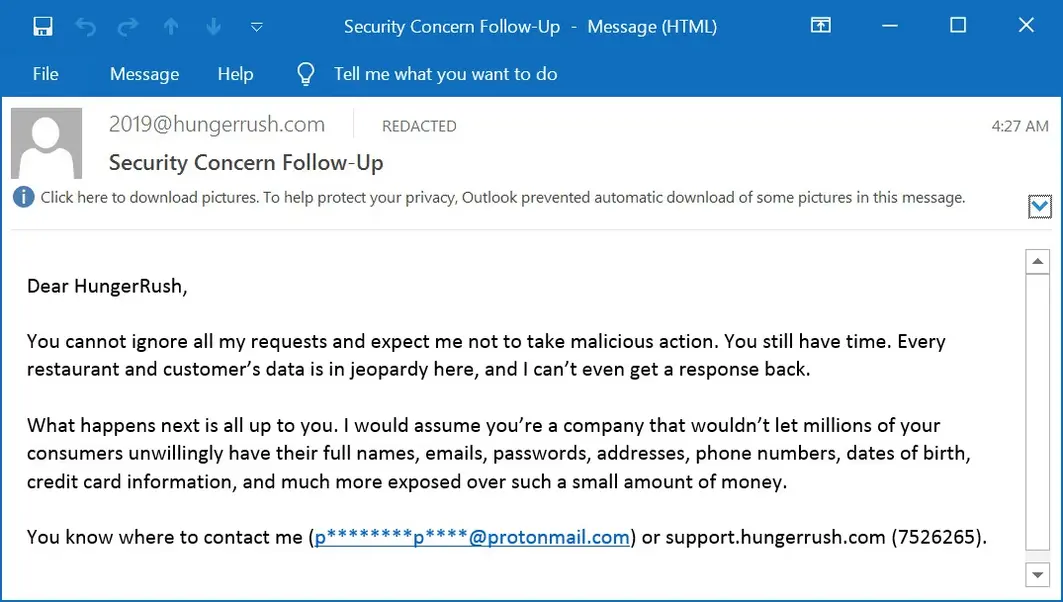 Хакеры массово рассылают вымогательские письма HungerRush клиентам ресторанов