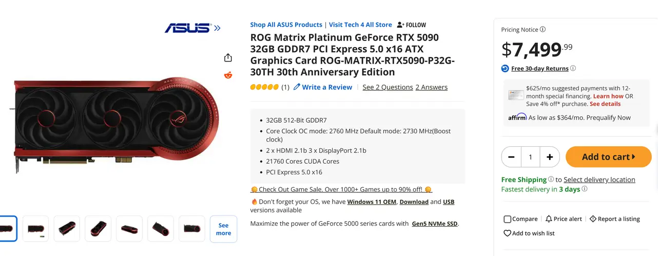 Видеокарта RTX 5090 за 7500 долларов от Newegg — печальный и пугающий знак