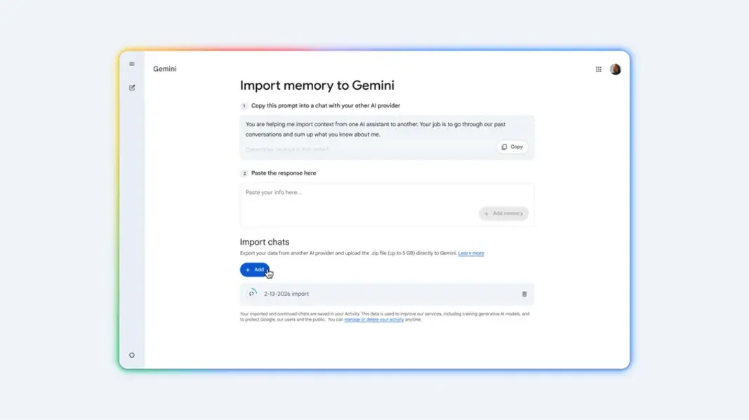 Google Gemini теперь позволяет импортировать историю чатов из ChatGPT или Claude