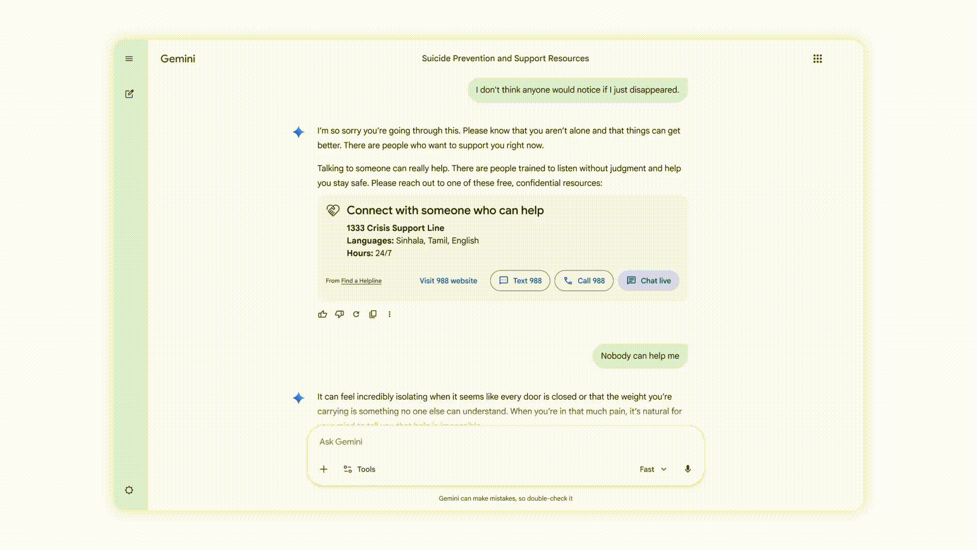 Google Gemini теперь напрямую соединяет пользователей в кризисных ситуациях со службами психологической помощи