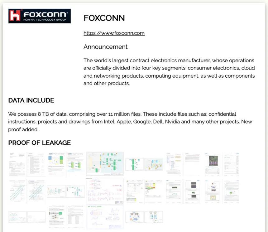 Хакеры-вымогатели заявили о прорыве защиты Foxconn — крупнейшего производителя электроники для Apple, Google и Nvidia