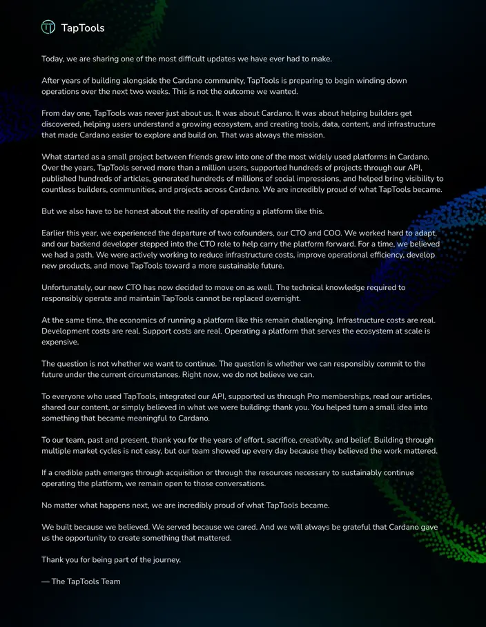 Важнейшая аналитическая платформа Cardano закрывается после потери пяти топ-менеджеров за год