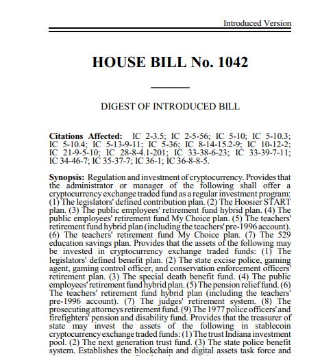 Законопроект Индианы обяжет использовать биткойн в пенсионных фондах и защитит права на самостоятельное хранение.