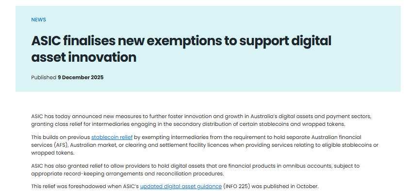ASIC представляет масштабное смягчение регулирования стейблкоинов и комплексный законопроект о правах — но есть нюанс.