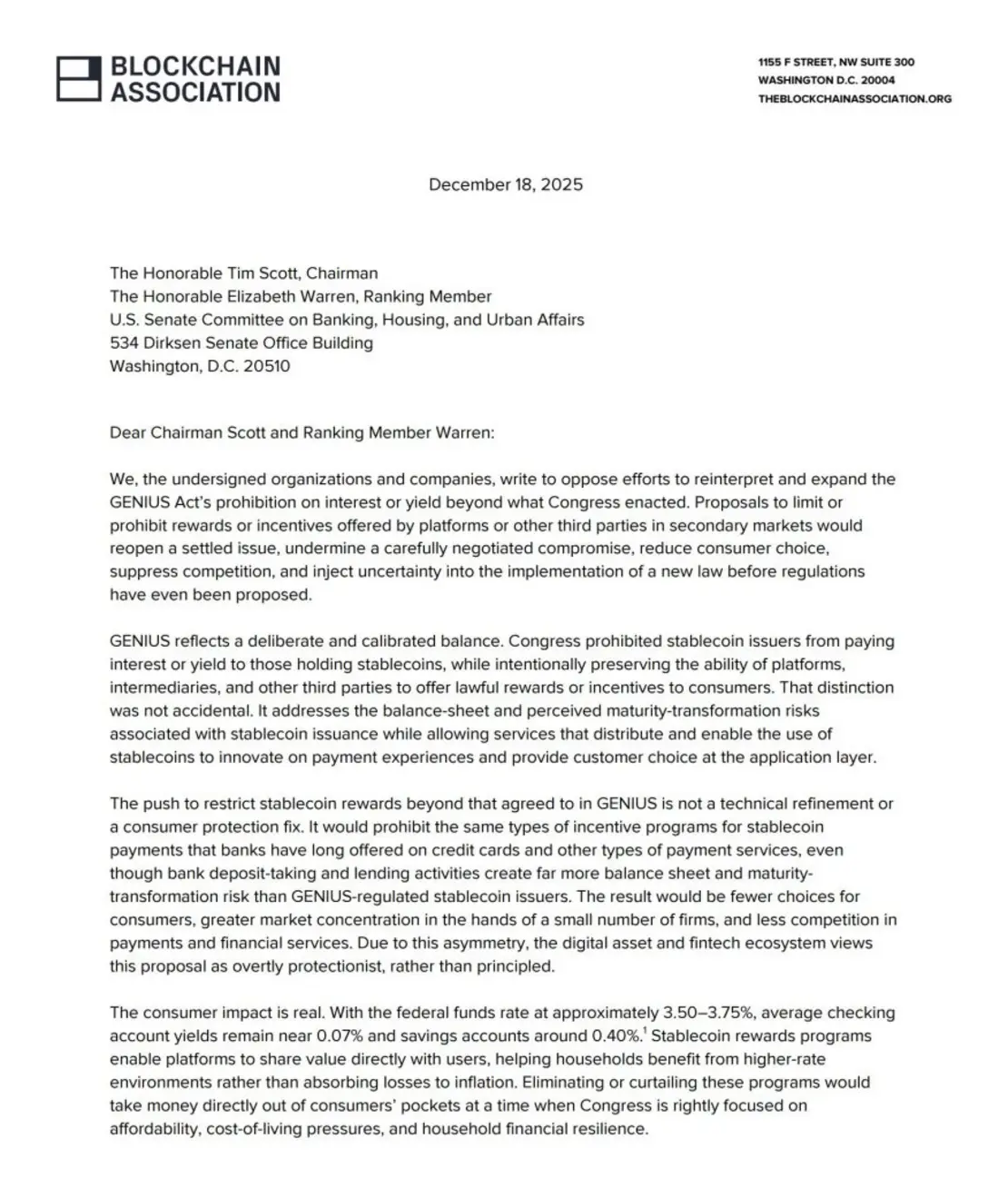 125 криптоорганизаций заявили Конгрессу, что запрет на получение дохода со стейблкоинов играет на руку крупным банкам