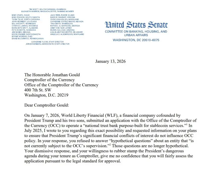 Элизабет Уоррен призывает регулятора заморозить заявку World Liberty Bank до тех пор, пока Трамп не разорвет связи с криптовалютой.