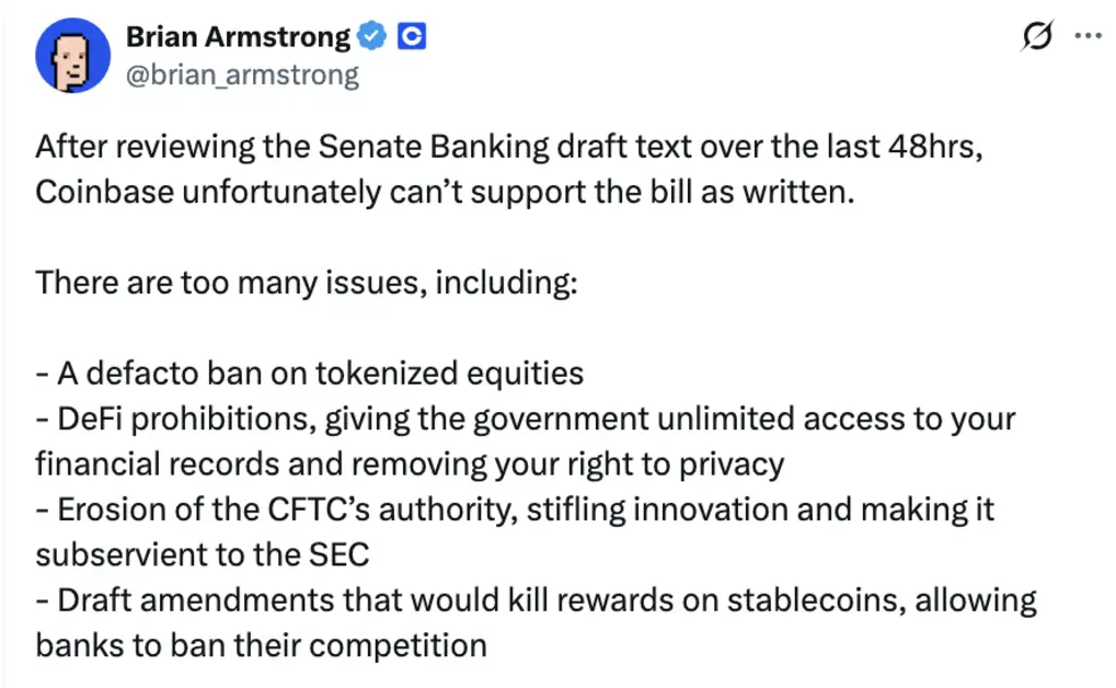 Глава Coinbase выразил серьёзные опасения по поводу законопроекта США о криптовалютах.