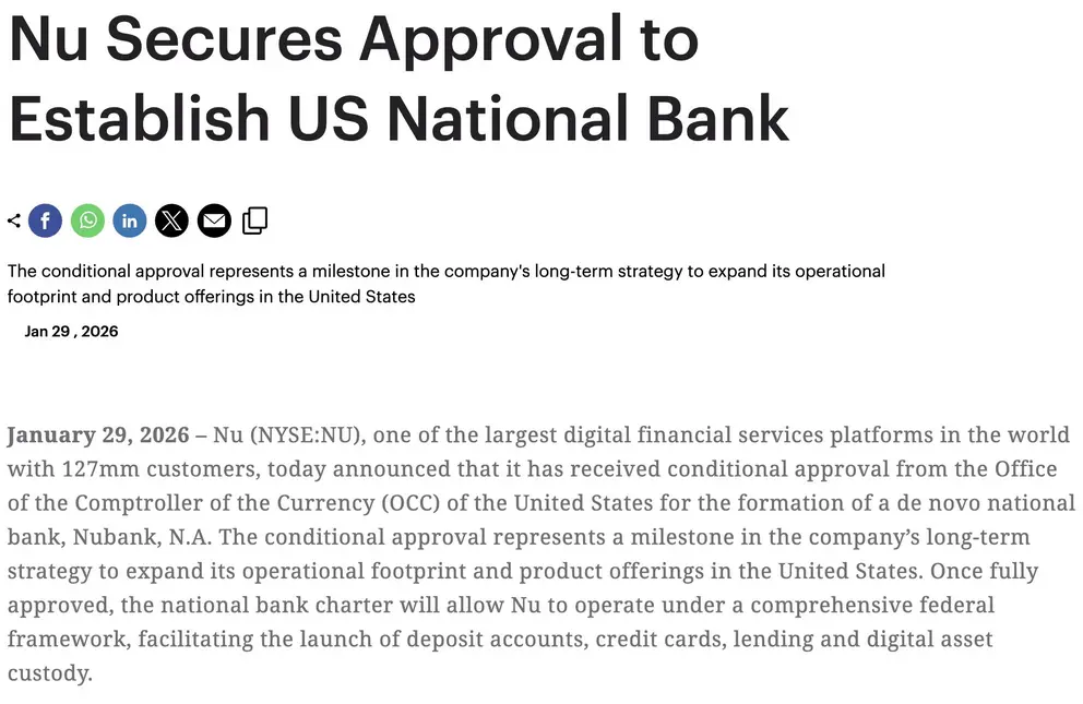Бразильская Nubank получает условное одобрение OCC для создания национального банка в США: хранилище криптовалюты в ближайшее время?