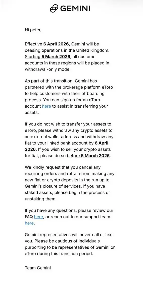 Gemini уходит с рынка Великобритании и переводит аккаунты в режим &laquo;withdrawal-only&raquo; с 5 марта