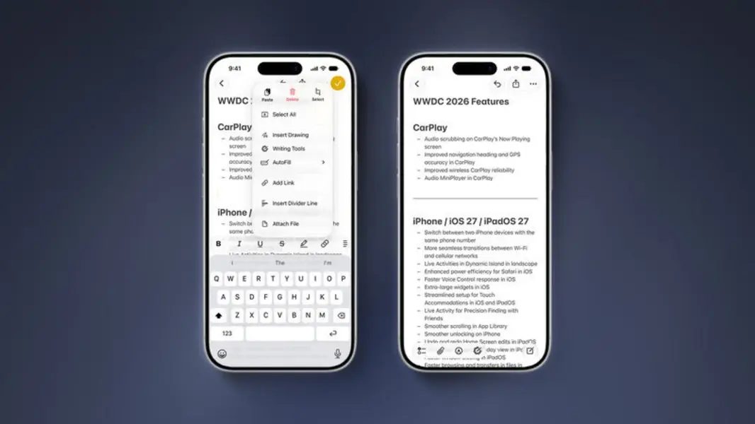 iOS 27 добавляет четыре новые функции в приложение Заметки, включая копирование и вставку 