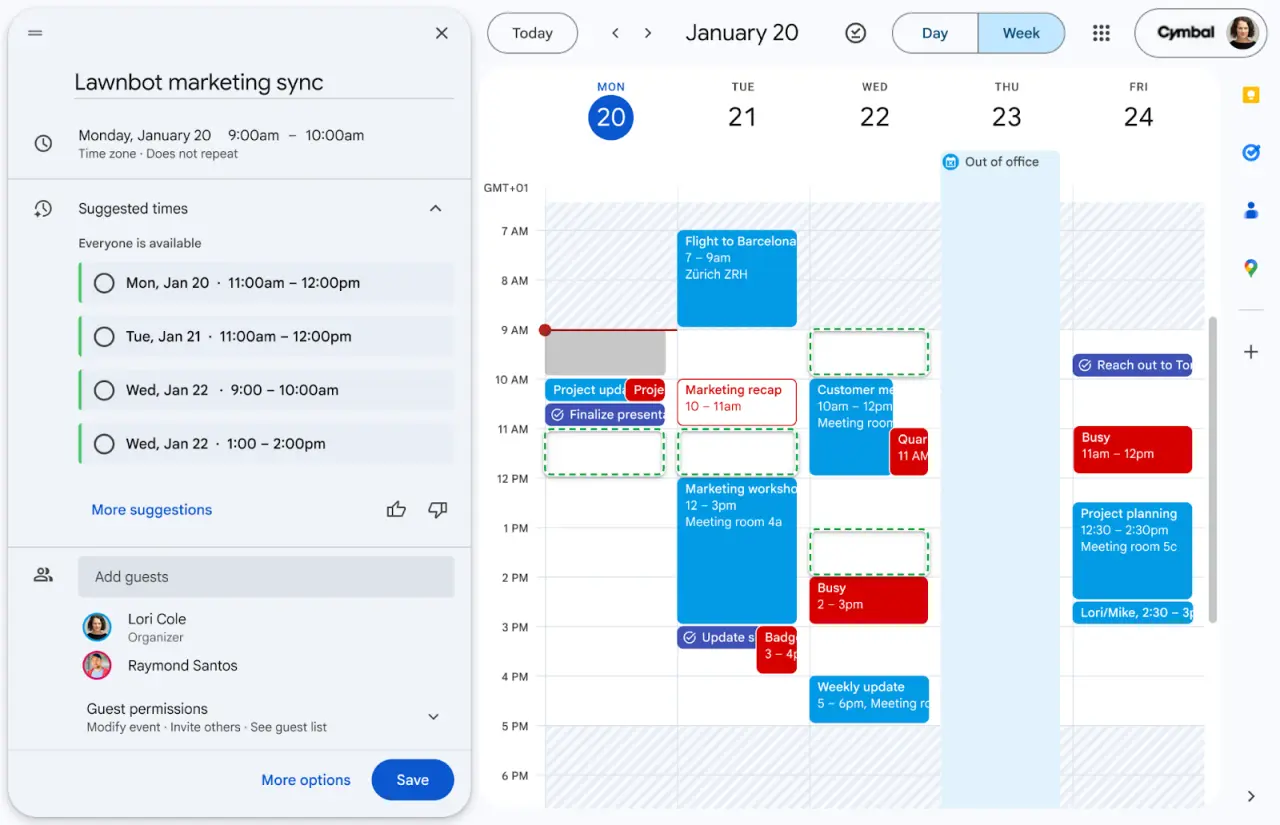 Gemini теперь умеет подбирать оптимальное время для встреч в Google Calendar.