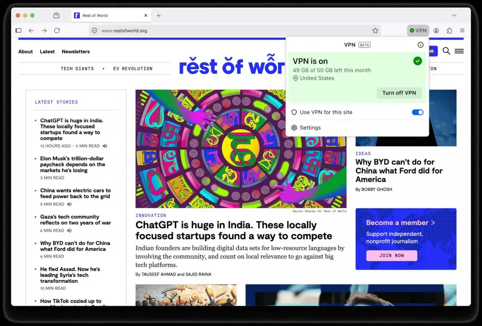 В Firefox появился бесплатный встроенный VPN с лимитом 50 ГБ трафика в месяц для вашей безопасности