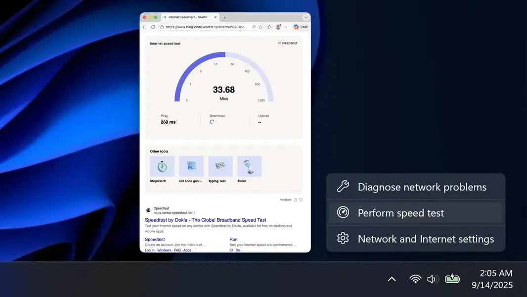 Windows 11 KB5083769 добавляет встроенный тест скорости интернета для всех пользователей 25H2 и 24H2
