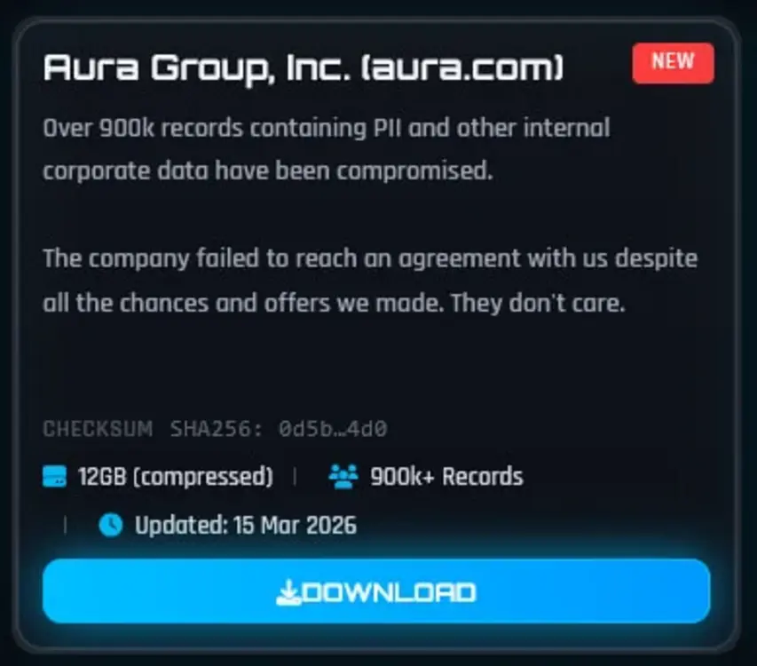Aura подтвердила утечку данных 900 000 маркетинговых контактов