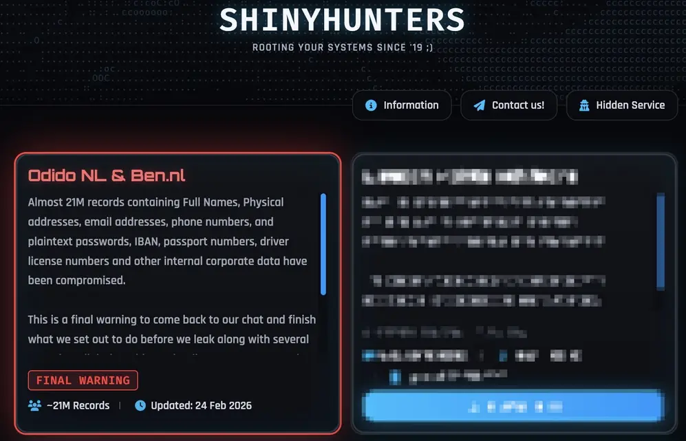 Группировка ShinyHunters заявляет о взломе Odido с утечкой данных миллионов пользователей
