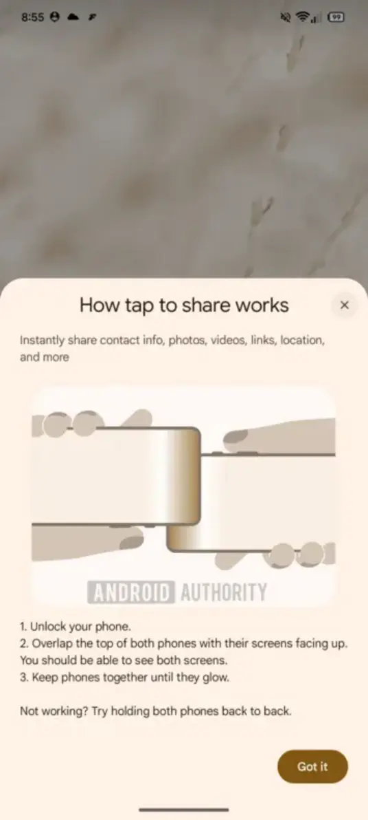 Утечка функции Tap to Share в новом Android раскрывает подробности системы передачи данных поблизости