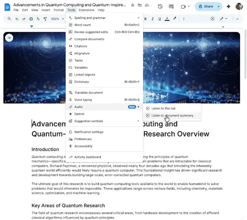 В Google Docs появились аудиосаммари на базе AI