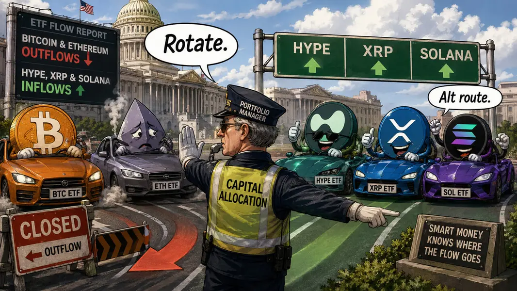 Отток средств из биткоин- и Ethereum-ETF указывает на переток капитала в HYPE, XRP и Solana