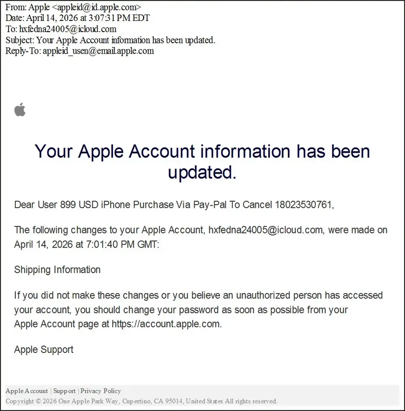 Злоумышленники используют оповещения об изменении учетных записей Apple для фишинговых атак