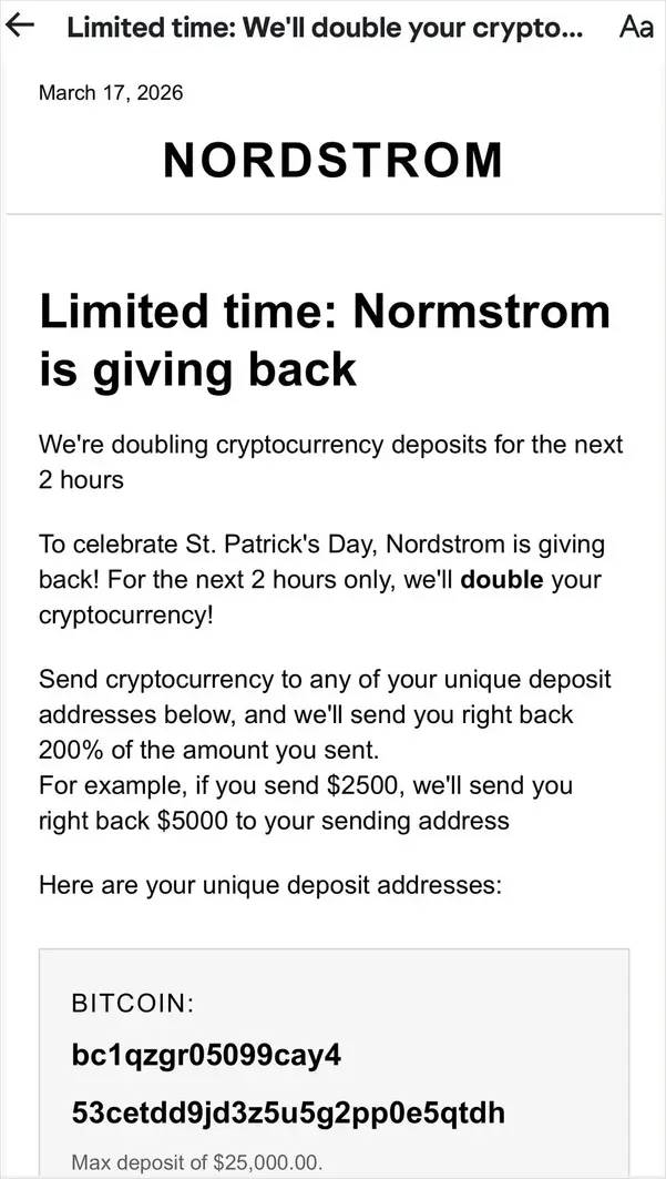 Почтовая система Nordstrom взломана для рассылки «crypto scams» клиентам