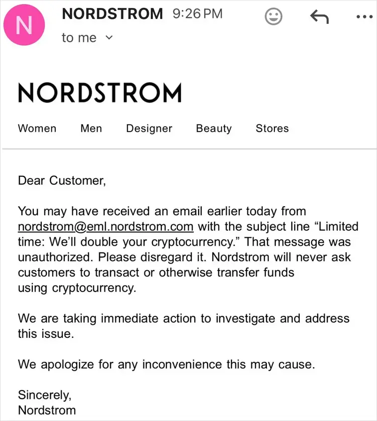 Почтовая система Nordstrom взломана для рассылки «crypto scams» клиентам
