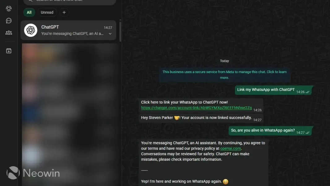 Чат-бот ChatGPT в WhatsApp*, похоже, снова заработал.