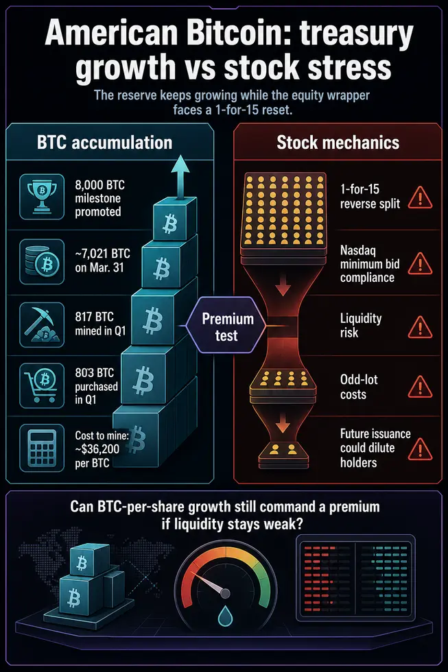 American Bitcoin Эрика Трампа идёт на обратный сплит 1:15, чтобы избежать делистинга с Nasdaq, имея в резерве 8 тыс. BTC