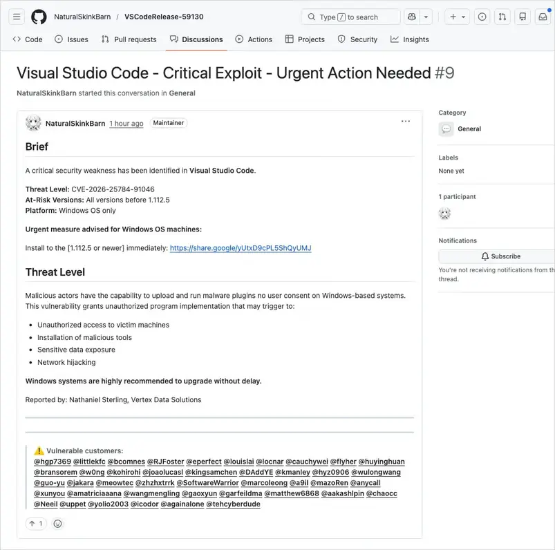 Фейковые уведомления VS Code на GitHub распространяют вредоносное ПО среди разработчиков