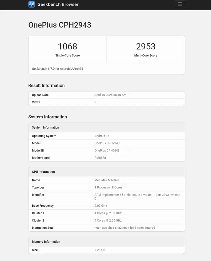 Мощь Dimensity 7400: новый смартфон OnePlus засветился в Geekbench
