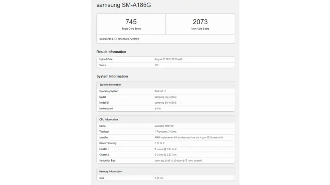 Листинг Geekbench смартфона Samsung Galaxy A18 4G раскрывает ключевые характеристики перед запуском