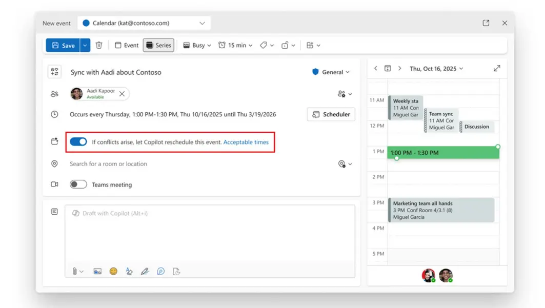 Microsoft: Copilot теперь может решать конфликты встреч в Outlook