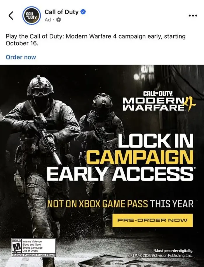 Реклама предполагаемой Modern Warfare 4 использует &laquo;недоступность в Xbox Game Pass&raquo; как преимущество